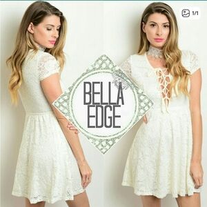 2/$40 Cream Lace Lace Up Mini Dress Size Large